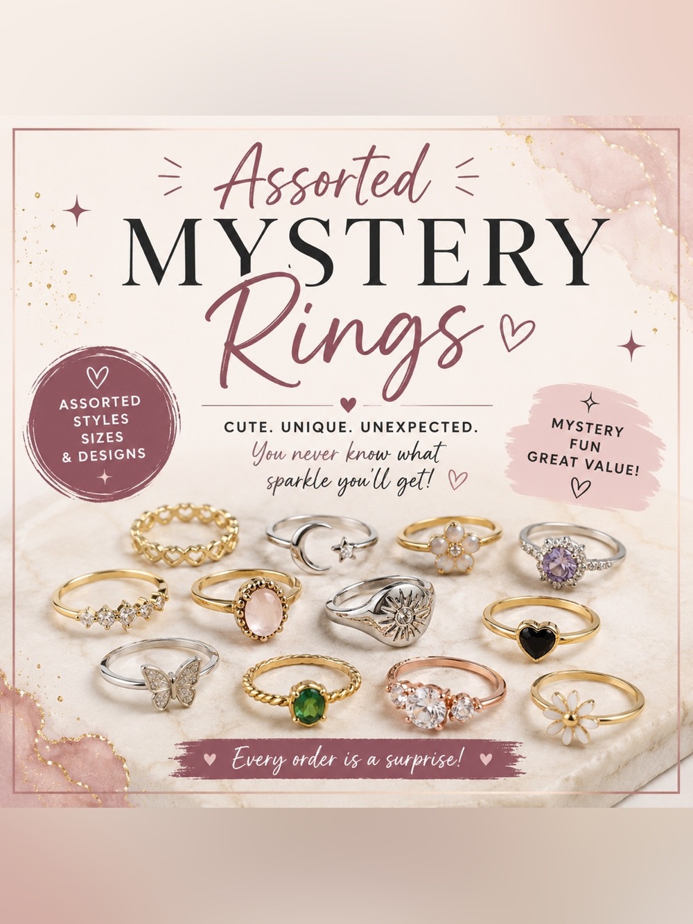 Assorted Mystery Rings - Mixed Metal and Gemstone Colors At Least 10 Rings.